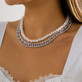 Jumwrit Dainty Layered Necklaces Chunky Curb Link Chain Necklace Simulated Pearl Necklace Accessories for Women and Girls（Silver）