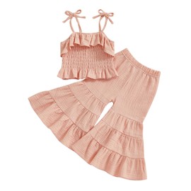 fhutpw Baby Toddler Girl Summer Set Sleeveless Camisole Elastic Waistband Flare Pants 2-Pieces Solid Color Outfits (Pink, 6-12 Months)