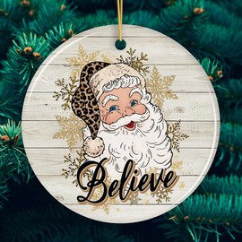 Vintage Believe Santa Christmas Ornament (Version 2 - Gold, Circle)