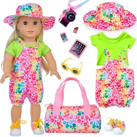 deAO Puppenkleidung Farbige Herzen Outfits für Baby Puppen 35-43 cm, 10 Stück Puppen Zubehör mit Bluse, Hosen, Hut, Schuhe, Handtasche, Tablet, Smartphone für Neugeborene Babypuppen (No Puppen)