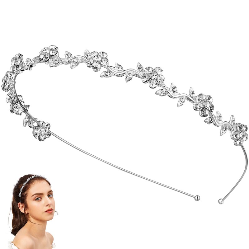 WINOMO Crystal Bridal Flower Leaves Crown Headband Tiara Headpiece, Silver,