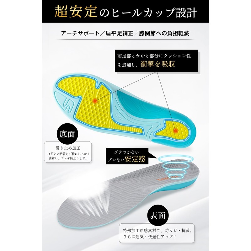 FUFUNOYA Insole, Fatigue-Resistant, Shock Absorption, Flatfoot, Arch Support, Footbed, Men's,