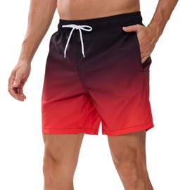 Mens Swim Shorts Fashion Gradient Swimming Trunks Quick Dry Beach Bathing Suits with Zipper Pockets Mesh Lining Black Red M