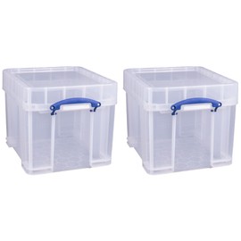 Really Useful Box 35 Liters Transparent Storage Container with Snap Lid and Clip Lock Handle for Lidded Home and Item Storage Bin, 2 Pack