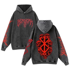 MAGITUTU Unisex Retro Berserks Washed Hoodie Men Anime Novelty 3D Printed Vintage Sweatshirts Long Sleeve Casual Pullover(Black-A-XL)