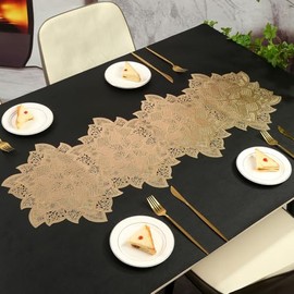 Hosoncovy Decorative Flower Table Runner PVC Hollow Table Runner Non-slip Table Mats Placemat for Home Party Kitchen Dining Wedding Decor (Gold)