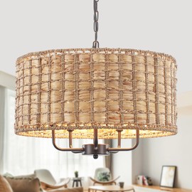 JZQWCK Rattan Chandelier for Dining Room, 5 Lights Boho Drum Chandelier Light Fixture, 18.9" Large Rattan Pendant Light Woven Coastal Chandelier for Kitchen Island Entryway Foyer, Height Adjustable