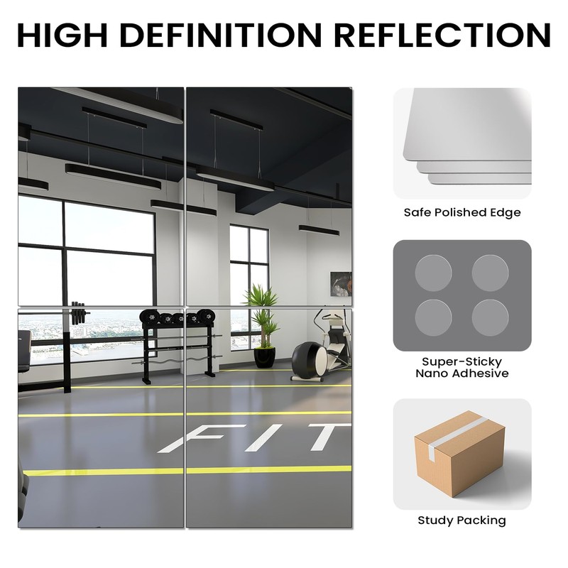 VASUHOME Large Mirror Tiles 16"x12" (4 Pack), Full Length Wall