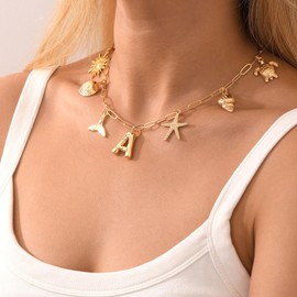 Semoya Gold A-Z Initial Charm Necklace for Women, Shell Bubble Letter Charms Paperclip Chain Necklace Seashell Starfish Pendant Necklaces Summer Beach Trendy Jewelry Gifts (P)