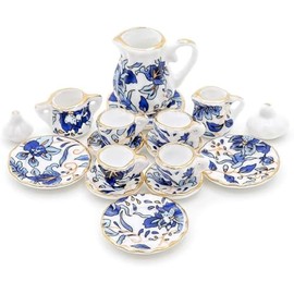 15 Pcs Blue 1:12 Miniature Porcelain Chintz Tea Cup Set Dollhouse Accessories