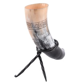 Battle-Merchant High Quality Viking Drinking Horn with Stand and Fenrir Motif Engraved Cattle Horn Set with Horn Stand Medieval Met Horn up to 300 ml