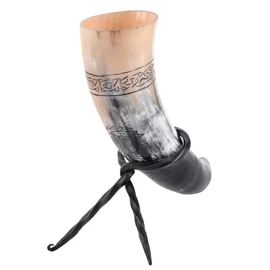 Battle-Merchant High Quality Viking Drinking Horn with Stand and Fenrir Motif Engraved Cattle Horn Set with Horn Stand Medieval Met Horn up to 300 ml