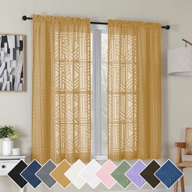 Simplebrand Cortinas Semitransparentes Doradas de 54 Pulgadas de Largo 2 Paneles, Cortinas Cortas Semitransparentes con Textura de Jacquard Geométrico con Clip para Dormitorio, Cortinas Modernas y