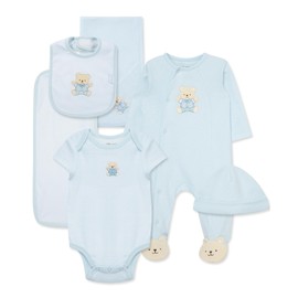 Little Me Baby Layette Gift Set - Footie and Cap, Onesie, 3-Piece Bib And Burp Set, Swaddling Blanket, Baby Shower Gifts - Blue Bear, 6 Months