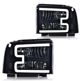 LED Headlights Assembly Compatible with Ford F250 F350 F450 F550 Super Duty 2005-2007, Fit Ford Excursion 2005, Front Headlamp Smoky Lens Black Housing,(Not Fit Sealed Beam Headlight model)