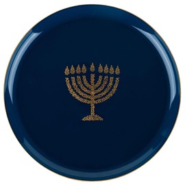 EcoQuality 8.6" inch Round Plastic Plates Blue Hanukkah Salad Plates with Gold Glitter Stamp Chanukah Menorah Design Hanukkah Party Disposable Dessert China Like Heavy Duty Dinner Plate (10 PACK)