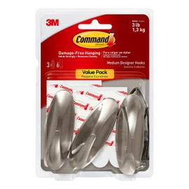 Command Designer Hooks, Medium, Brushed Nickel, 3-Hooks (17081BN-3ES), Great for dorm decor