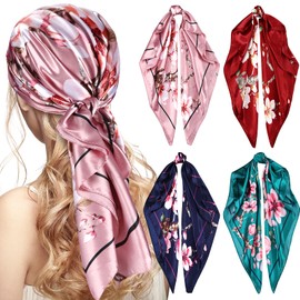 Honoson 4 Pcs 35 Inch Silk Scarf for Women Hair Satin Scarf Square Silk Bandanas Large Head Scarves for Sleeping(Classic Series)