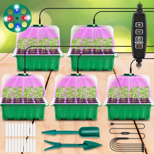 DazSpirit 5 Pack Seed Trays with Grow Light, 60 Cells Seed Propagators with Heightened Lids, Grow Light with Timer & Adjustable Brightness, Seedling Starter Growing Trays for Greenhouse & Gardening