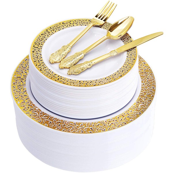 Supernal 300pcs Gold Plastic Dinnerware,Gold Plastic Plates,Lace Party Plates, Gold Plastic Silverware, Gold Plastic utensils Suit for Wedding，Birthday，Party