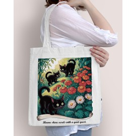 KSFFWQIN Cat Floral Canvas Tote Bag for Women Cute Kittens Flowers Aesthetic Reusable Grocery Shoulder Bag for Shopping Work Travel Beach Cat Lover Gifts