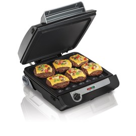 Hamilton Beach 4-in-1 Indoor Grill & Electric Griddle Combo with Bacon Cooker, Opens Flat to Double Cooking Surface, Removable Nonstick Plates, Black & Silver (25601)