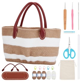ORIGACH DIY Crochet Handbag Kit for Beginners, Khaki Striped Crochet Bag with PU Leather Handheld and Base, Complete Crochet Set to Make a Bag, Include Yarn, Crochet Hooks, Markers and Instruction