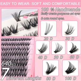 Lash Clusters Kit, 640 Pcs Eyelashes Clusters Extensions Kit 9-16mm Individual Lashes D Curl Fluffy Wispy False Eyelashes Thin Band with Bond Seal Tweezers Brush DIY (30D+40D+50D+60D Kit 9-16mm)