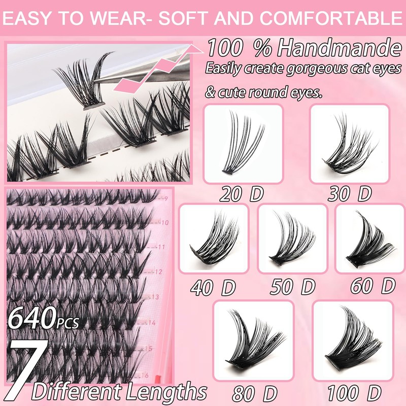 Lash Clusters Kit, 640 Pcs Eyelashes Clusters Extensions Kit 9-16mm
