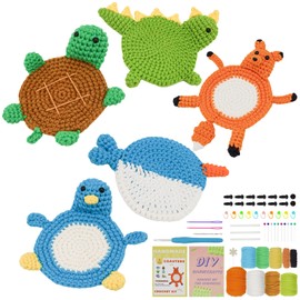 Myigo Crochet Kit for Beginners: 5 Animal Coaster Patterns w/Hooks & Easy Yarn - DIY Starter Set w/Step-by-Step Videos for Adults/Kids - Home Decor Craft Gifts for Mom