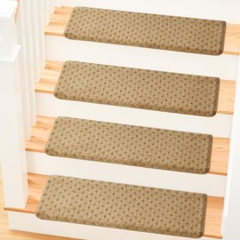 MBIGM Bullnose Non-Slip Stair Treads with Reusable Adhesive - 14 Pack 9.5" x 30" Wooden Steps Protection - TPU Backing with Steel Reinforcement - Anti-Slip Solution Lattice Camel Stair Carpet Treads