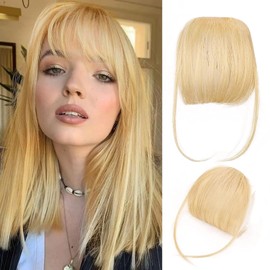 Clip in Bangs 100% Human Hair Extensions Air Thinning Curtain Flat Fake Bangs Fringe with Temples Hairpieces Natural Curved Wispy Air Bangs Clip on Bangs for Everyday Wear (Light Blonde)