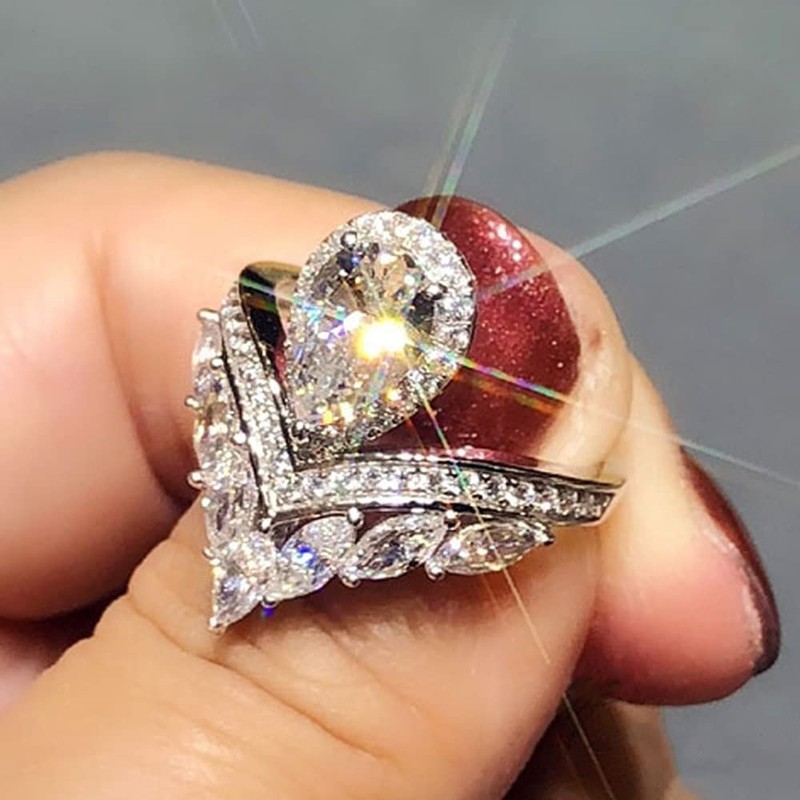 925 Sterling Silver Shiny Full Diamond Pear Marquise Cut Cubic