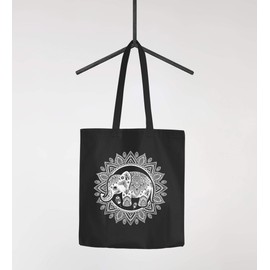 Autiga® Jute Bag Elephant Mandala Boho Bohamian Ethnic Tribal Ornament Cotton Bag Shopping Bag Black 2 Long Handles