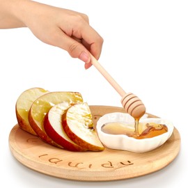 Reallnaive 3pcs Wooden Rosh Hashanah Apple and Honey Plate and Dish Bamboo Plate Server Tray Honey Dish Set for Rosh Hashanah Shana Tova Bowl Dipper Sticks Jewish New Year Judaica Gift for Holidays