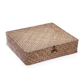 Hipiwe Flat Seagrass Storage Basket Bin with Lid Woven Wicker Basket Box Multipurpose Home Organizer Bin Baskets for Shelf Bathroom Home Decor, Coffee X-Large