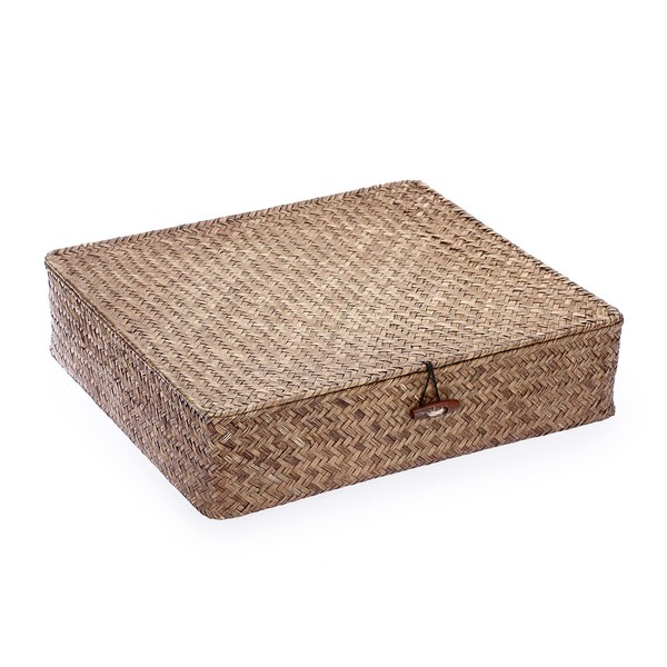 Hipiwe Flat Seagrass Storage Basket Bin with Lid Woven Wicker