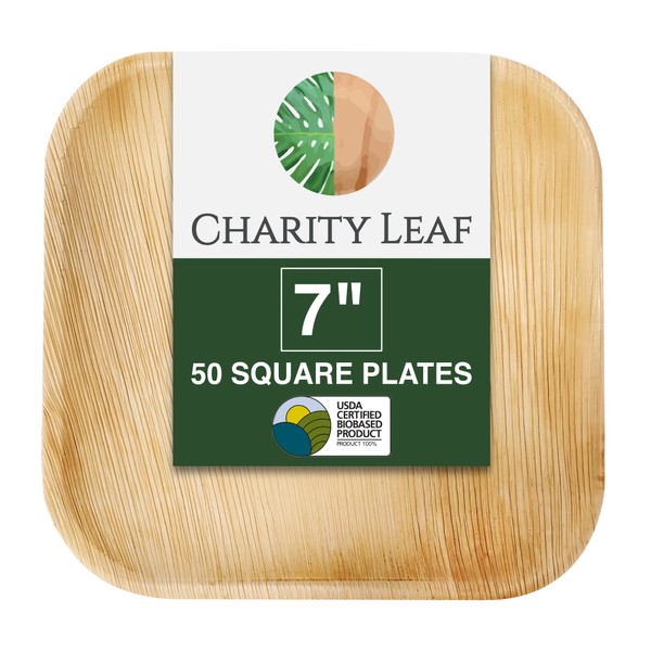 Charity Leaf Disposable Palm Leaf 7" Square Plates (50 pieces) Bamboo Like Serving Platters, Disposable Boards, Eco-Friendly Dinnerware For Weddings, Catering, Events