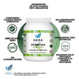 Espirulina 200 cápsulas | Suplemento Alimenticio | Saisa Herbal 100% Pura | Porteínas de alta calidad, desintoxicación del organismo, ayuda a la regulación del azúcar en sangre