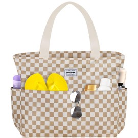 HOMESPON Large Waterproof Beach Tote Bag for Women with Zip and Pockets Foldable Handbag for Travel Pool Shopping Holiday Gym-Checkered Brown White