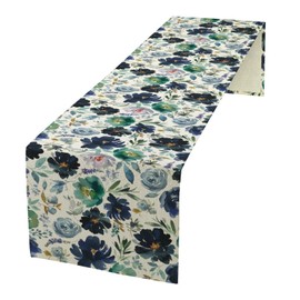 Watercolor Floral Table Runner,Romantic Watercolor Colorful Wild Floral Leaves Botanical Decorative Linen Tabletop Kitchen Decor for Dining Room 13x72 Inch,Blue