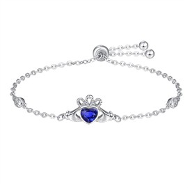 Dreamboat Sterling Silver Claddagh Bracelet for Women Blue Heart Sapphire September Birthstone Bracelet Adjustable Irish Jewelry for Mom