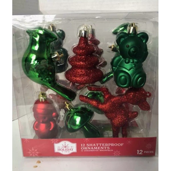 Holiday Time 12 Shatterproof Ornaments Bird, Teddy, Reindeer, Tree W/Glitter
