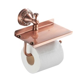 Red Copper Bath Toilet Paper Holder with Phone Shelf, Wall Mounted Bathroom Hardware Accessories, Pattern Carving Design