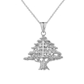 Middle Eastern Jewelry Fine Sterling Silver Lebanese Cedar Tree with Maronite Cross Pendant Necklace, 20"