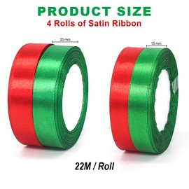 Bangbobi Christmas Gift Ribbon 4 Rolls Satin Ribbon - Ribbon for Crafts Gift Wrapping Red & Green Fabric Ribbon for Decorating