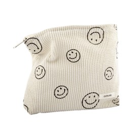 Makeup Bag For Women - Corduroy Cosmetic Bags Aesthetic Design Ladies Tote pouch Women's Pencil Case,Cute Smiley Face Makeup Organizer with Zipper (Beige)