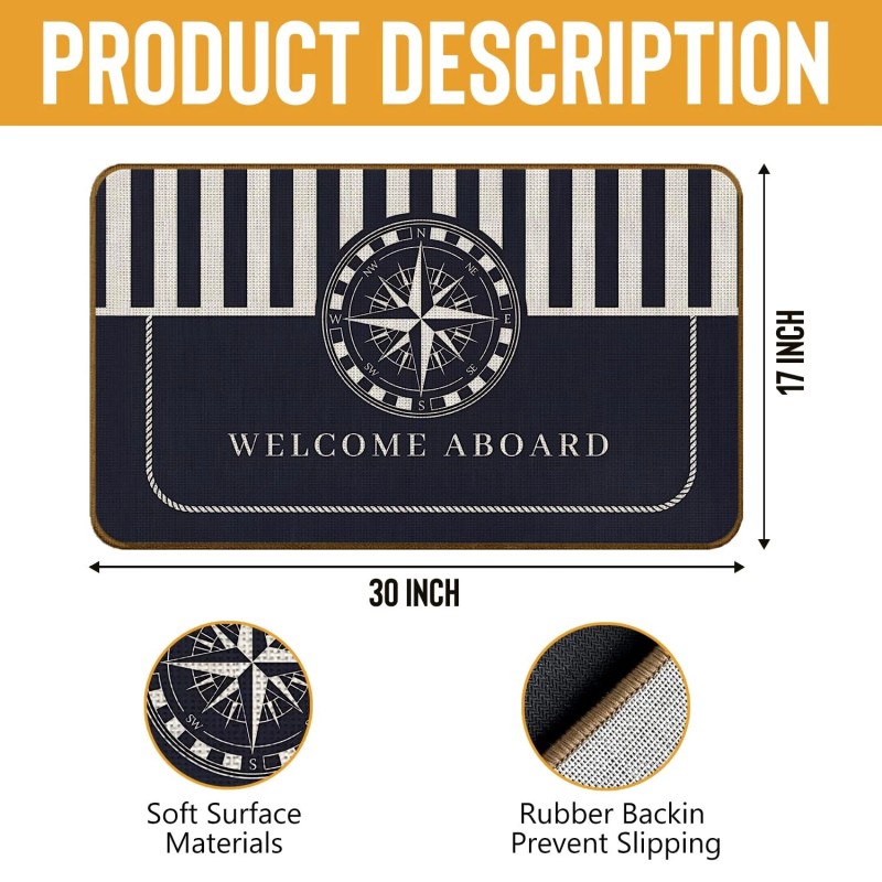 Skiptiger Nautical Navy Blue Compass Doormat,Welcom