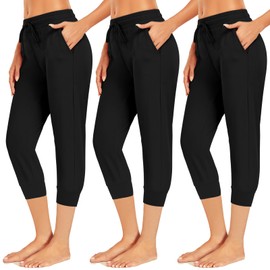 NEW YOUNG 3 Pack Capri Sweatpants for Women-Women's Joggers with Pockets Workout Yoga Pants Athletic Leggings Black