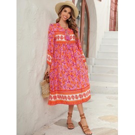 R.Vivimos Women's V Neck Long Sleeve Midi Dress Boho Flowers Beach Dress Long A Line Casual Dress, lilac